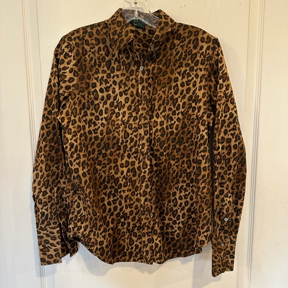 Lauren Ralph Lauren Women's Long-Sleeve Button Down Cotton Leopard Print Top sm - Picture 1 of 5